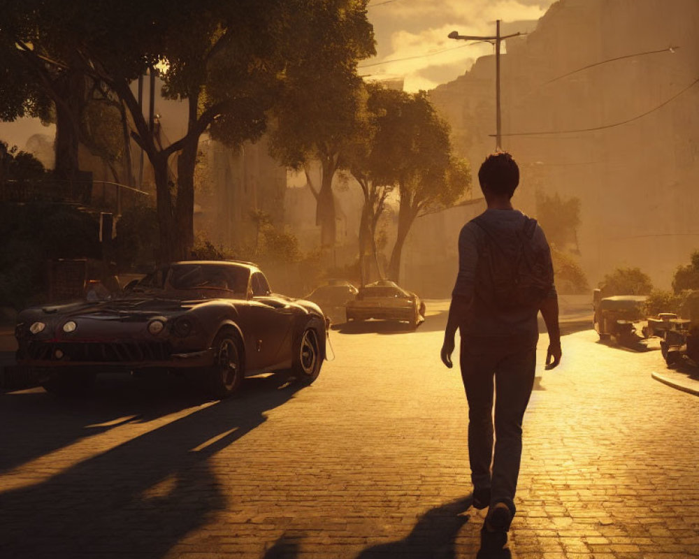 Man walking on sunlit cobblestone street towards classic cars at sunset