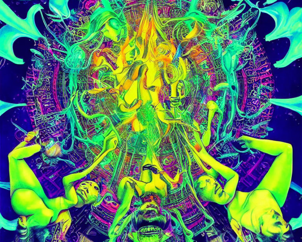 Colorful psychedelic art with mirrored human forms and neon patterns