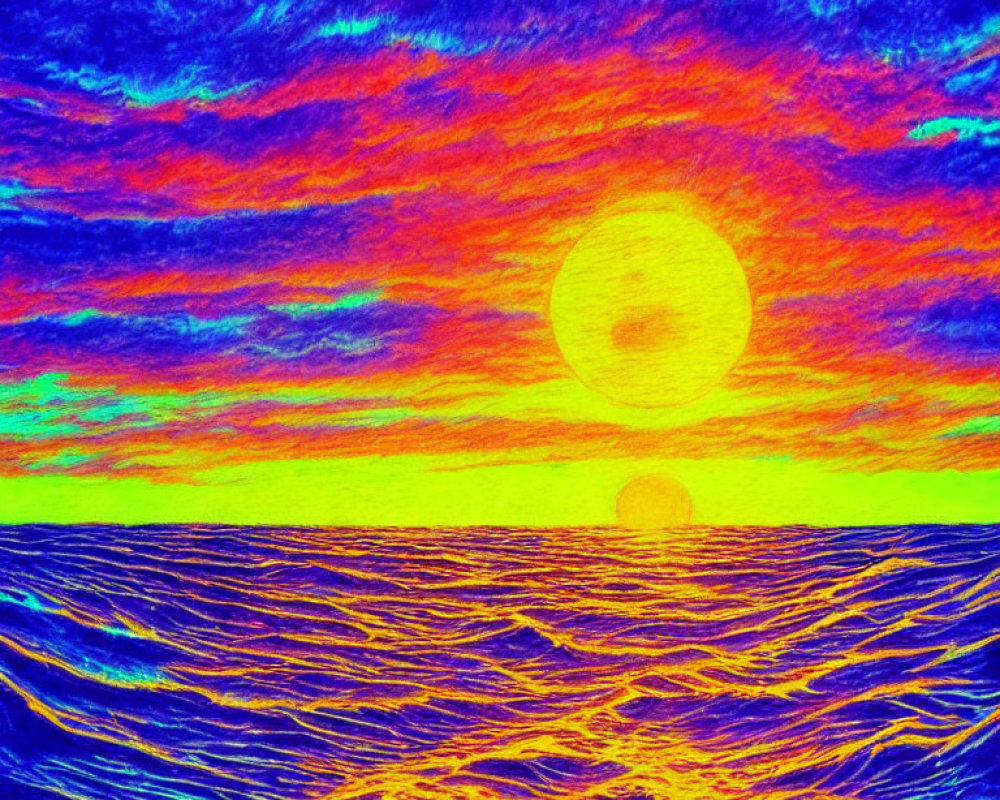 Colorful Psychedelic Sunset Over Sea with Large Sun