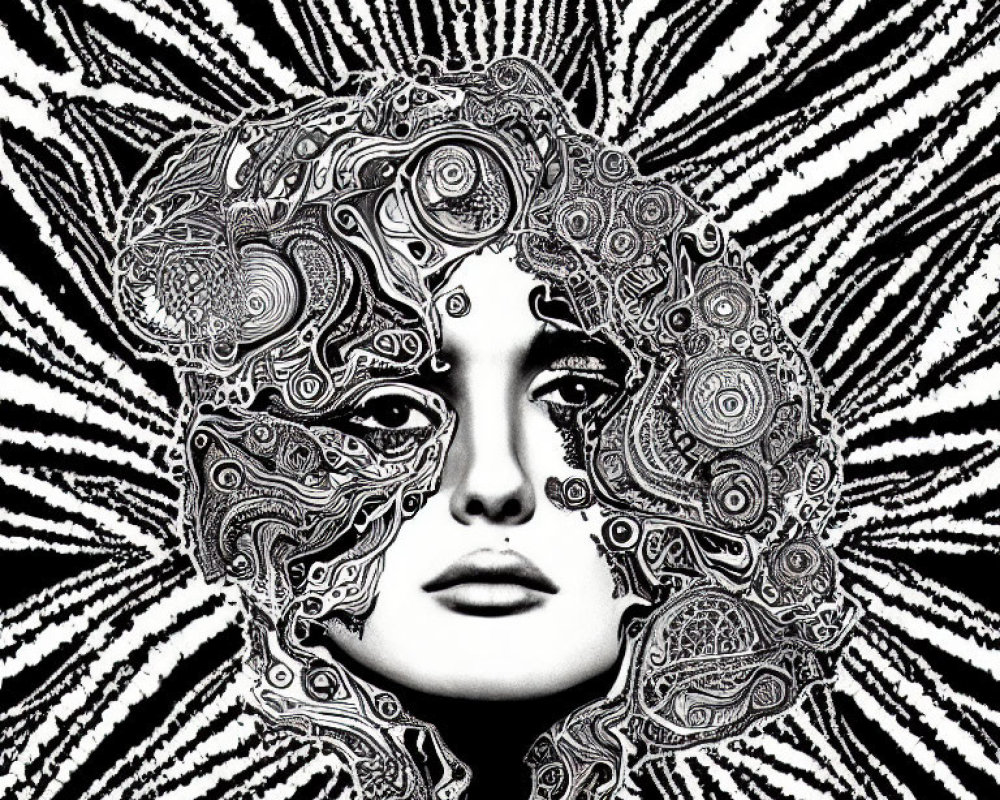 Detailed Monochrome Woman's Face Art with Psychedelic Patterns