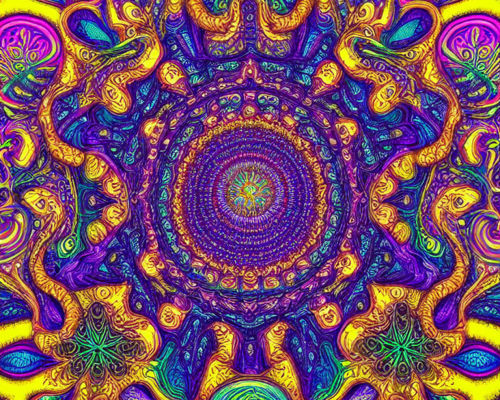 Colorful Psychedelic Mandala Pattern in Electric Blues, Purples, Yellows,