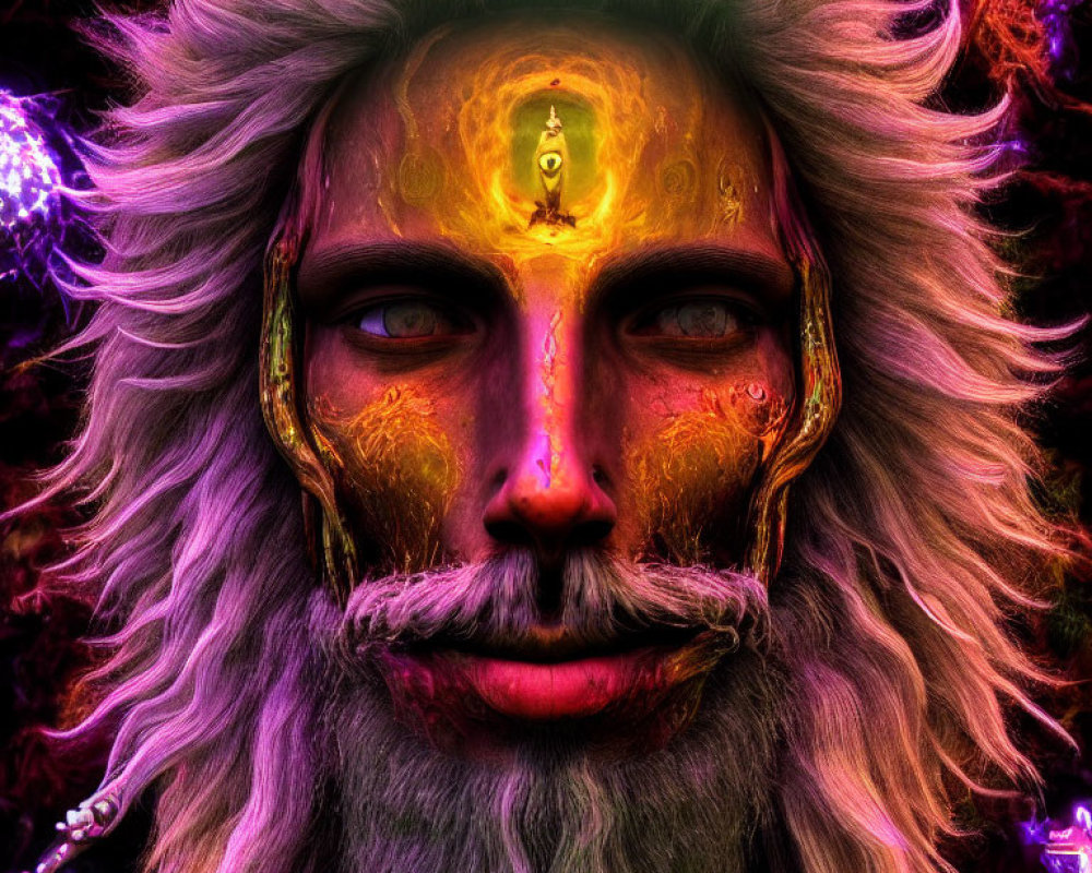 Digital artwork: Mystical figure with luminous third eye, golden facial markings, long white beard