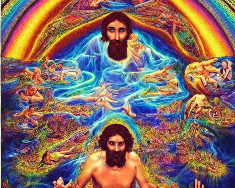 Colorful surreal artwork: central bearded figure, cosmic background, rainbow arc