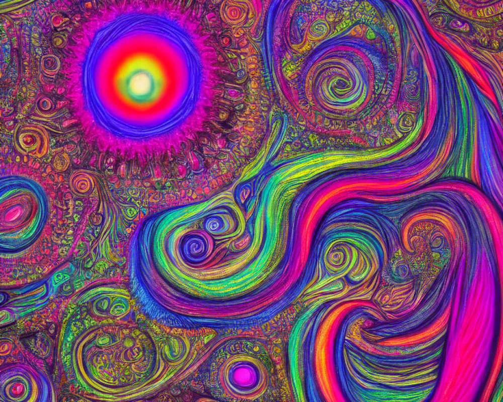 Colorful Psychedelic Digital Artwork with Swirling Patterns and Circular Motif