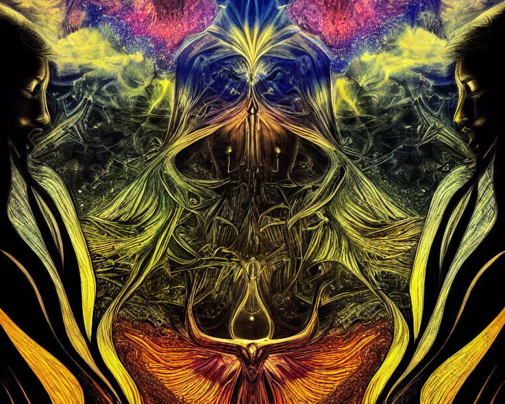 Colorful symmetrical fractal image with intricate patterns of ethereal faces and landscapes