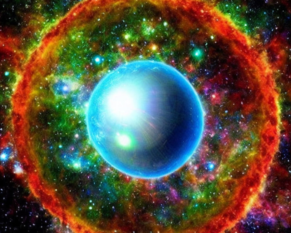 Vibrant space image: Blue sphere, orange ring, starlight on cosmic backdrop