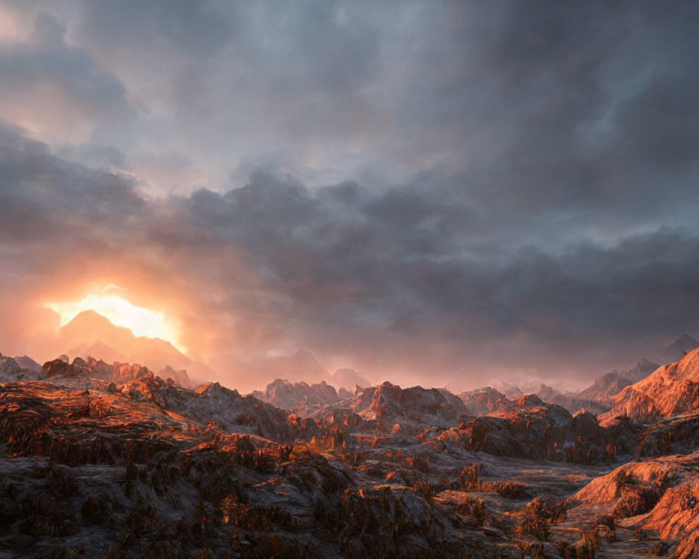 Dramatic sunset over rugged mountain landscape