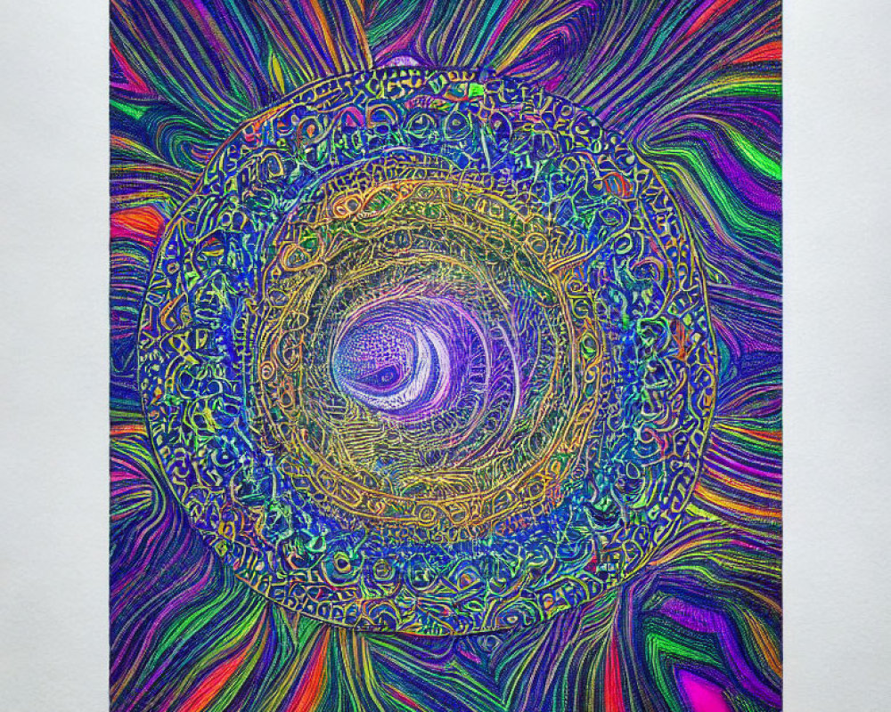 Colorful Mandala Drawing with Swirling Patterns and Golden Center