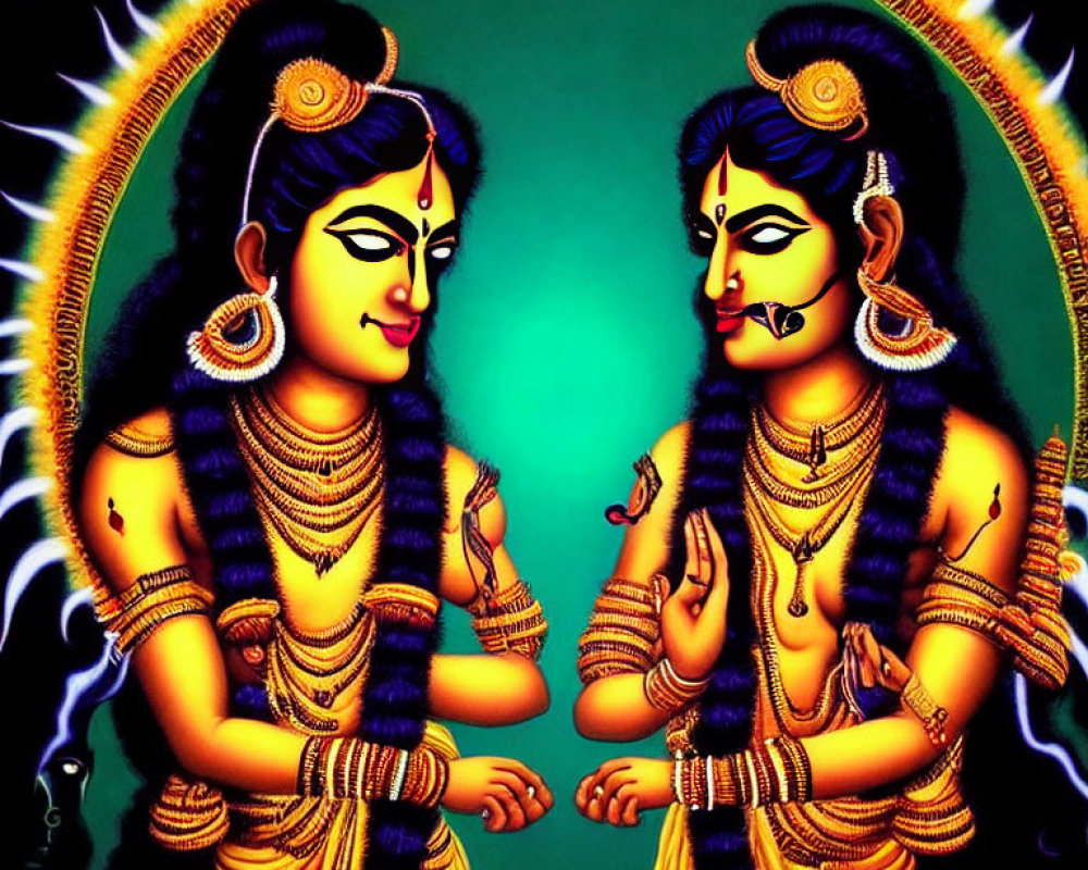 Vibrant illustration of two blue-skinned Hindu deities in traditional attire