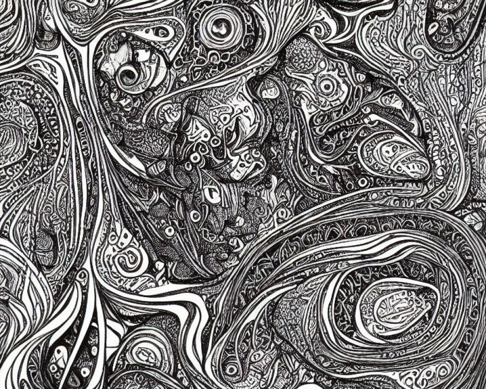 Detailed Black and White Abstract Drawing with Swirling Paisley Patterns