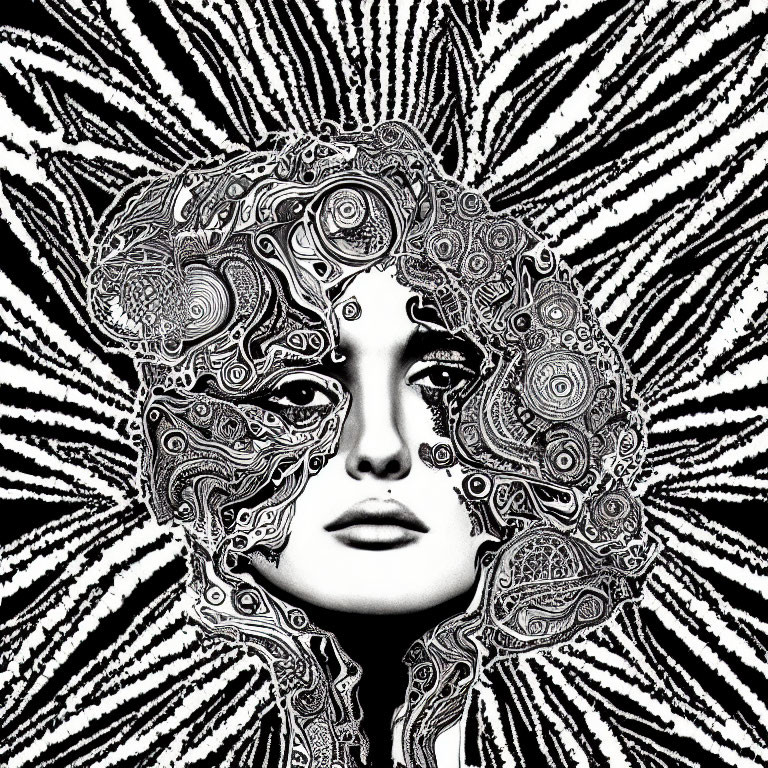 Detailed Monochrome Woman's Face Art with Psychedelic Patterns