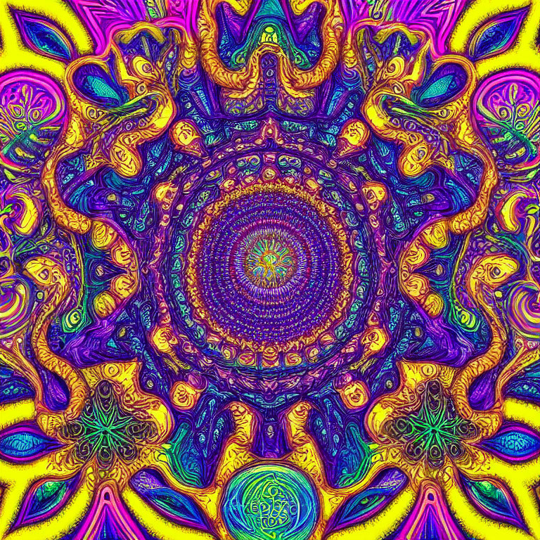 Colorful Psychedelic Mandala Pattern in Electric Blues, Purples, Yellows,