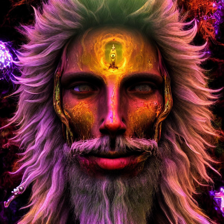 Digital artwork: Mystical figure with luminous third eye, golden facial markings, long white beard