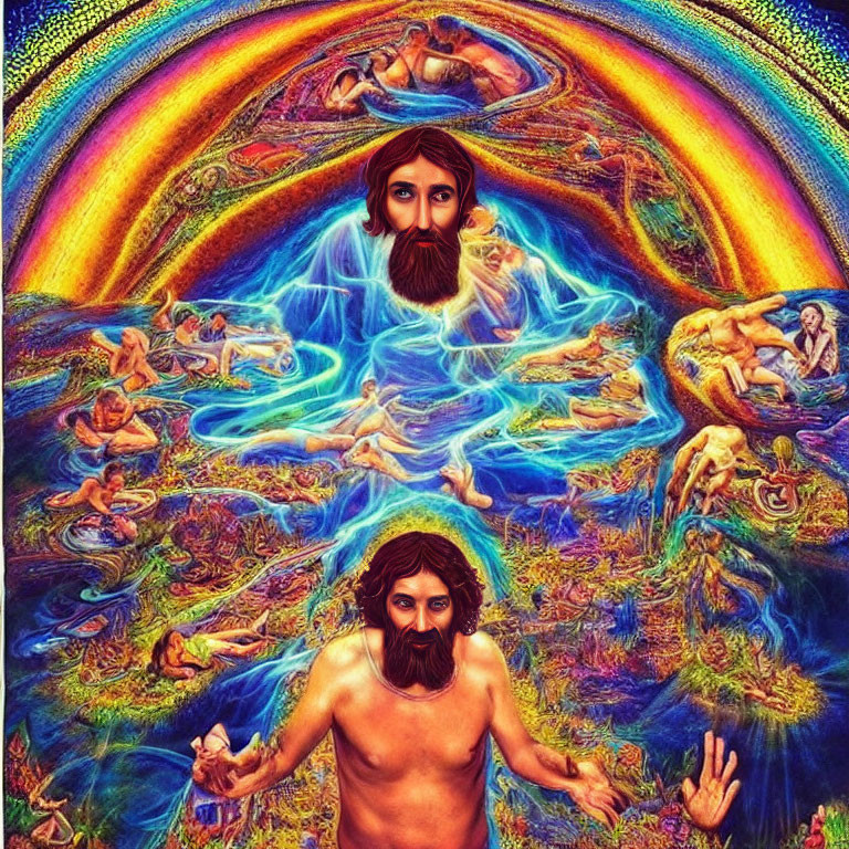 Colorful surreal artwork: central bearded figure, cosmic background, rainbow arc