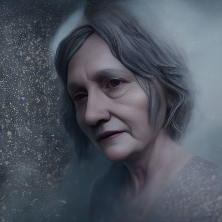 Elder woman portrait with gray hair in misty background