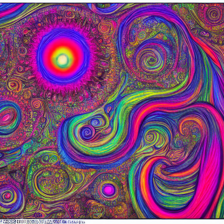 Colorful Psychedelic Digital Artwork with Swirling Patterns and Circular Motif