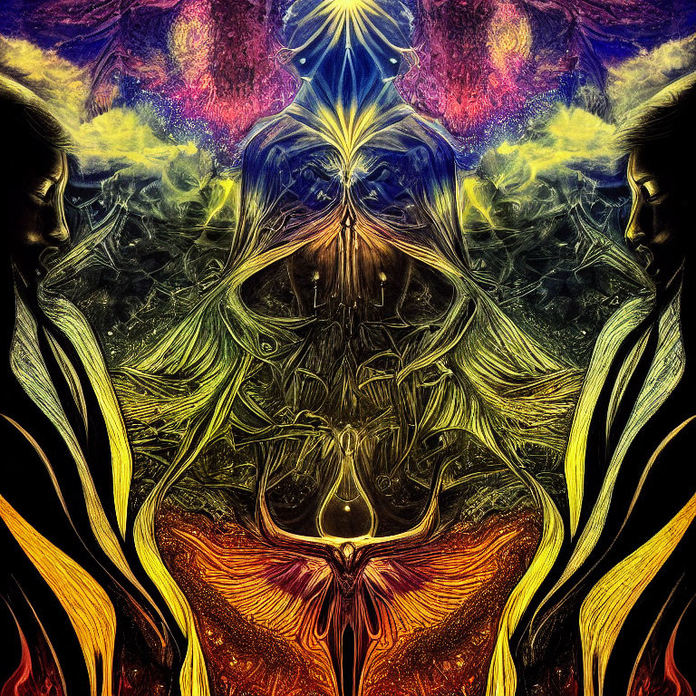 Colorful symmetrical fractal image with intricate patterns of ethereal faces and landscapes