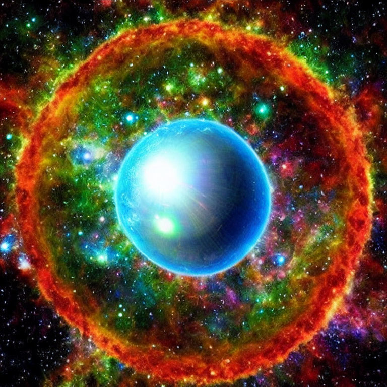 Vibrant space image: Blue sphere, orange ring, starlight on cosmic backdrop