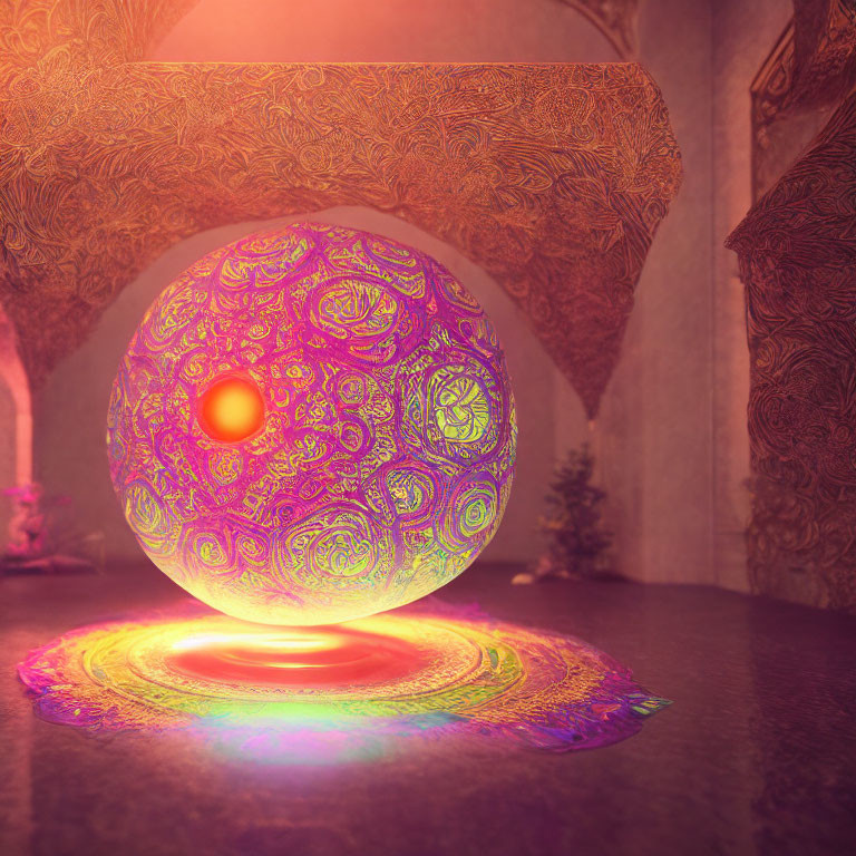 Colorful patterned orb shines on reflective surface in room with arches