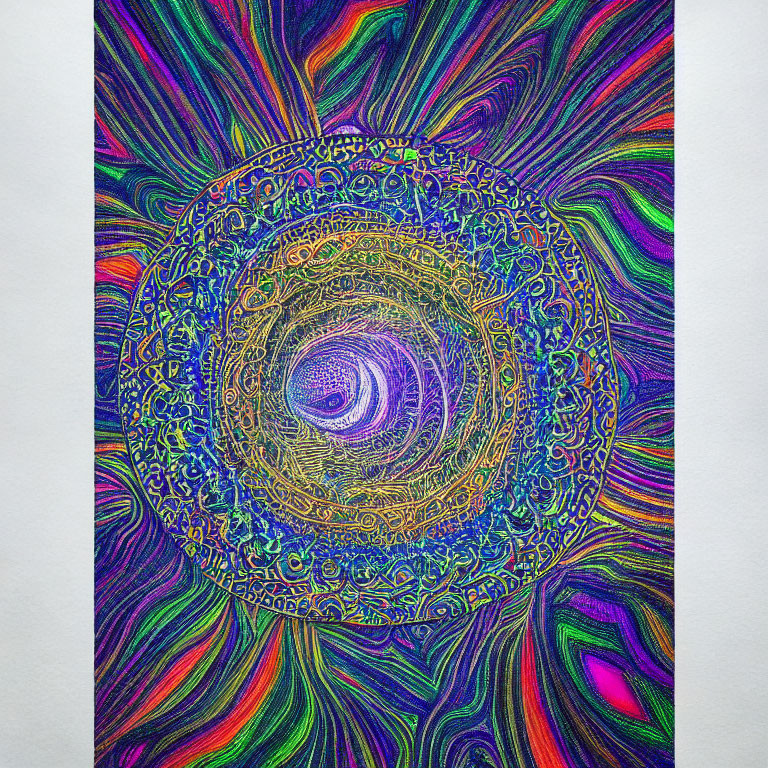 Colorful Mandala Drawing with Swirling Patterns and Golden Center