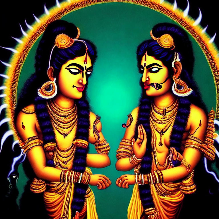 Vibrant illustration of two blue-skinned Hindu deities in traditional attire