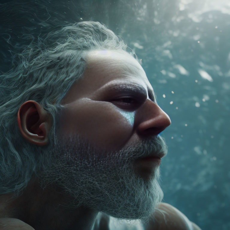 Elderly man with white beard underwater in contemplation.