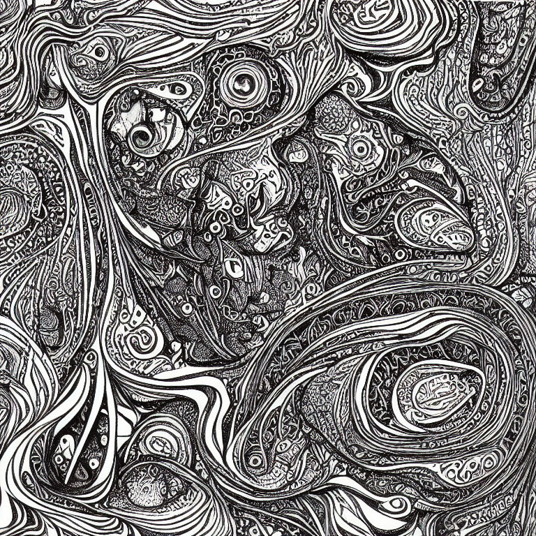 Detailed Black and White Abstract Drawing with Swirling Paisley Patterns