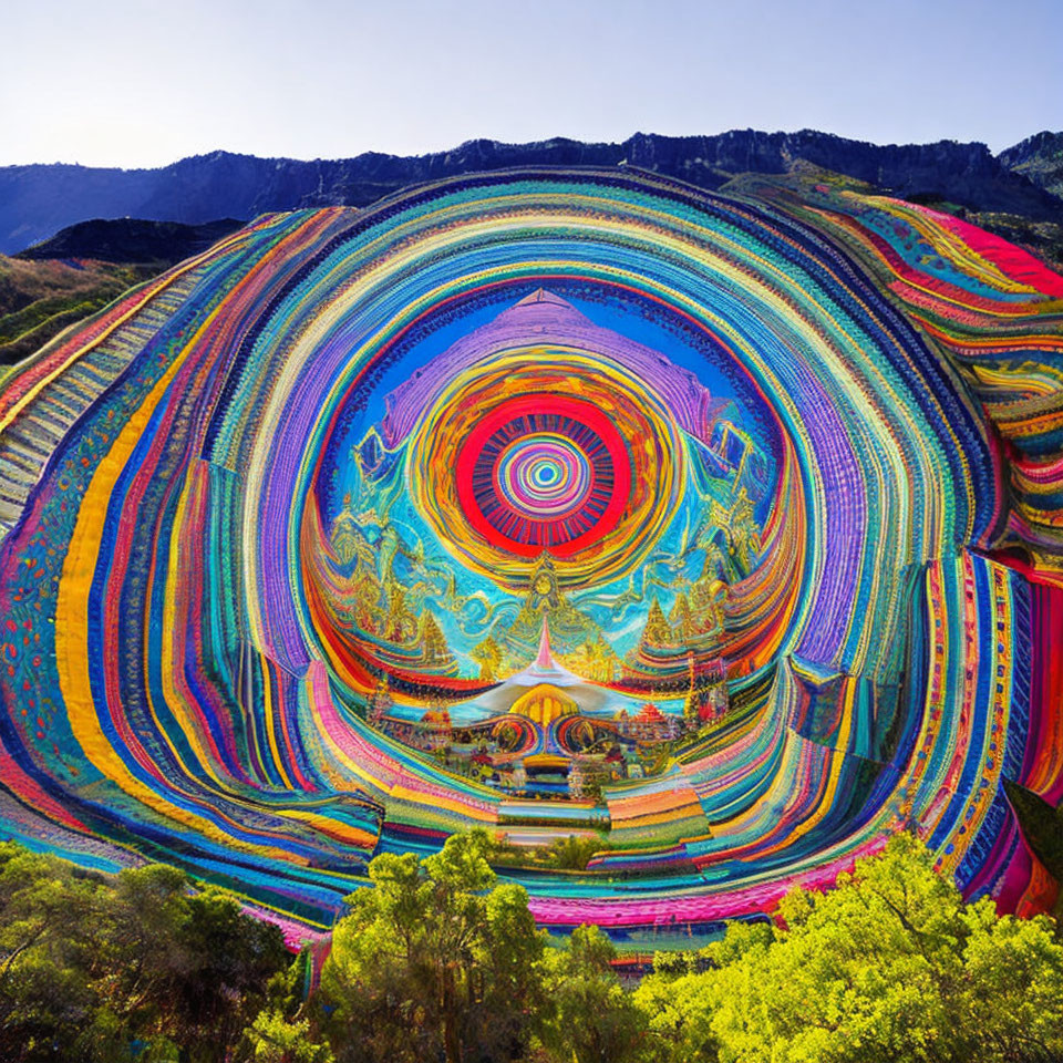 Circular Psychedelic Art Overlay on Natural Landscape with Swirling Patterns