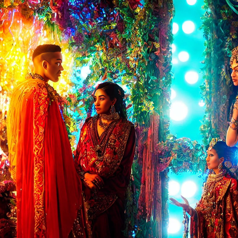 Colorful South Asian Attire in Floral Decor Setting