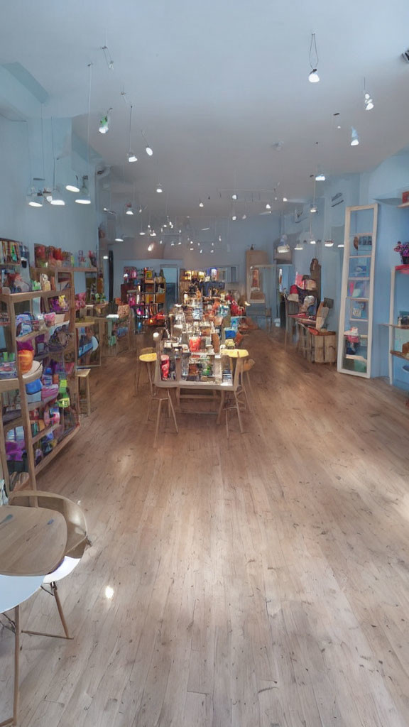 Bright Gift Shop Interior with Wooden Flooring and Neatly Arranged Shelves