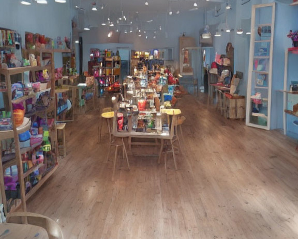 Bright Gift Shop Interior with Wooden Flooring and Neatly Arranged Shelves