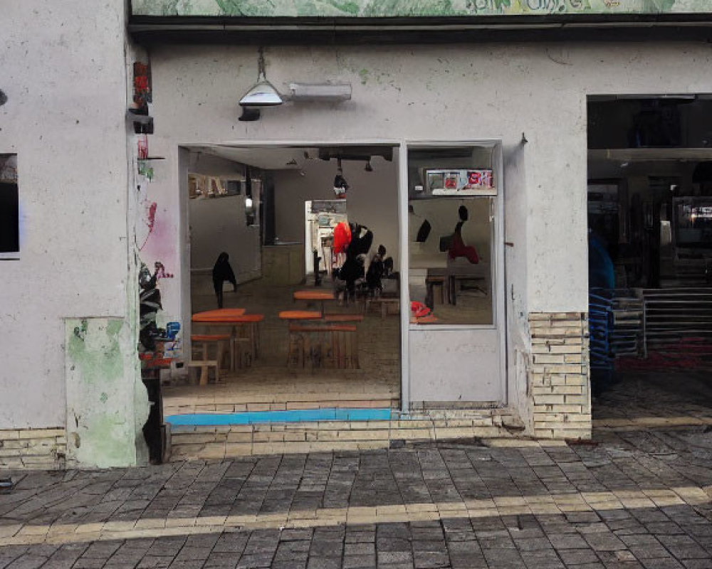 Graffiti-Covered Building Facade with Casual Interior and People