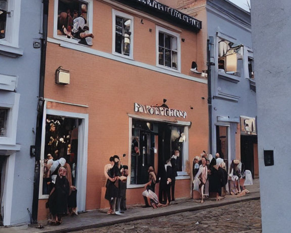 People waiting in line outside "Taylor Taylor" building on cobblestone street with balcony above