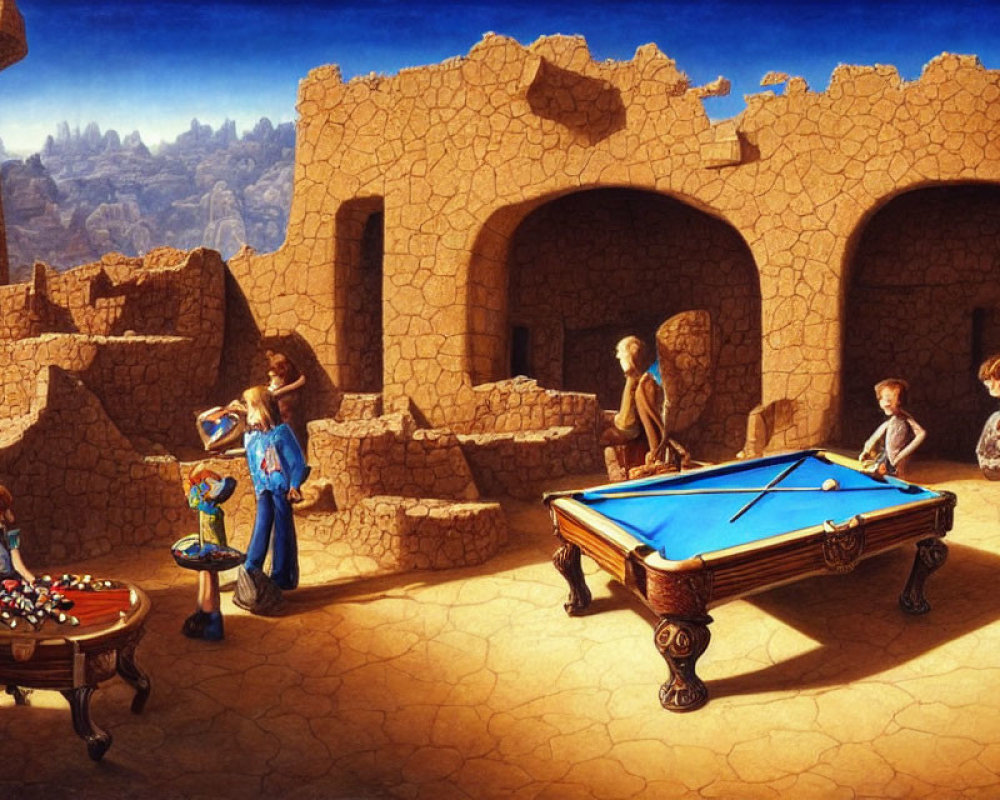 Surreal painting of vintage-dressed individuals playing pool outdoors