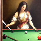 Realistic painting of woman in corseted dress playing billiards