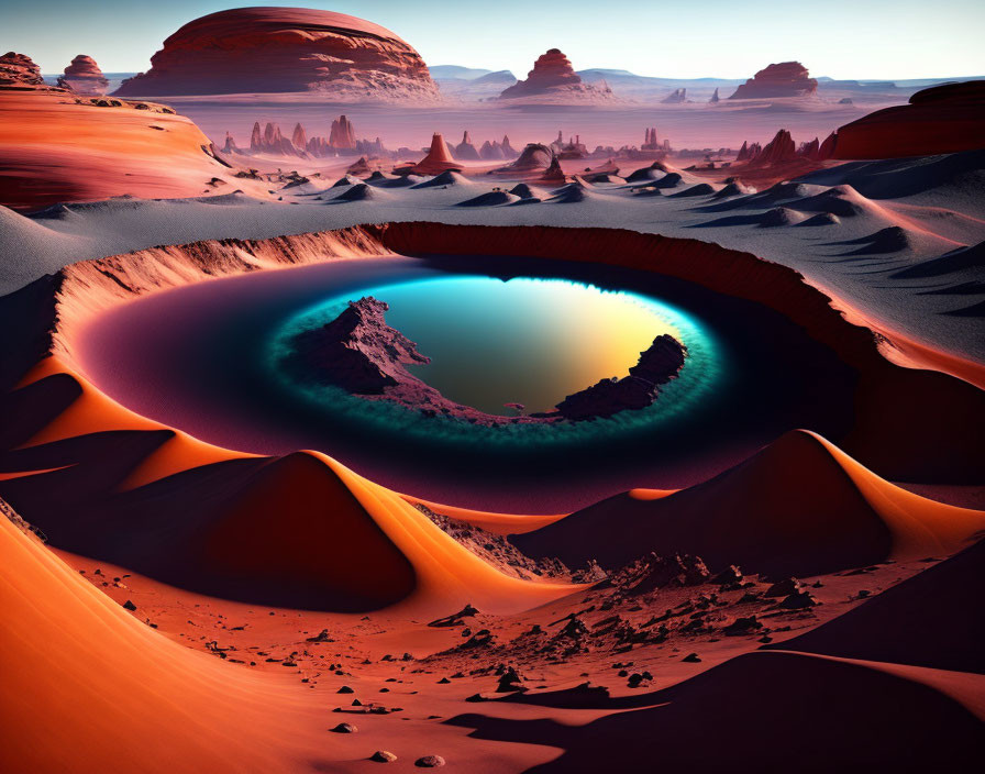 Surreal desert landscape with red dunes and oasis under Martian sky