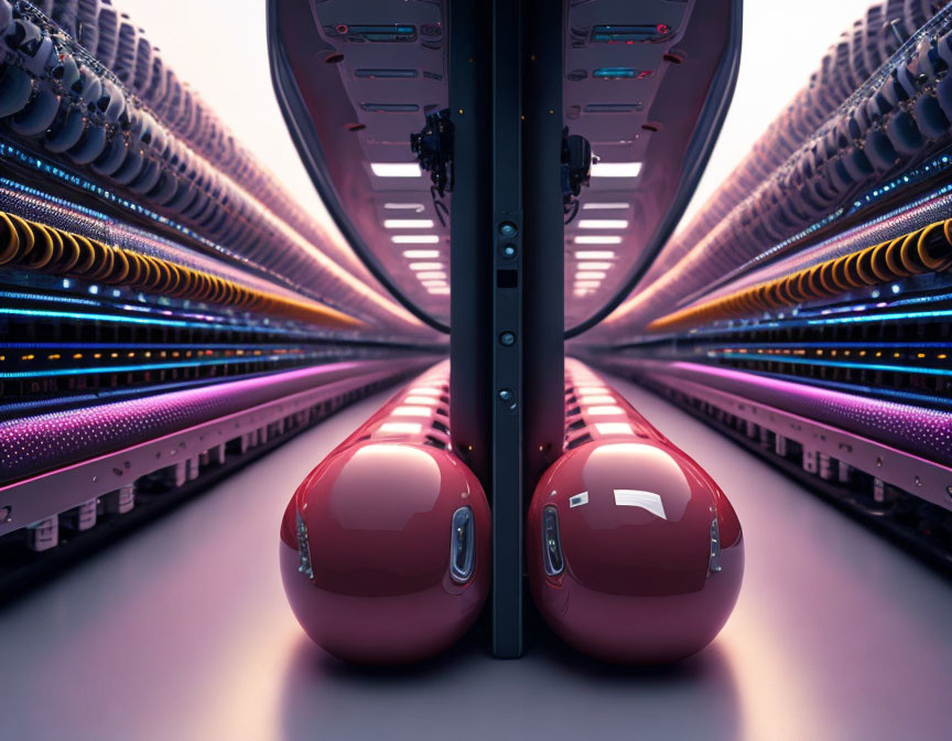 Symmetrical high-tech tunnel with futuristic red pods