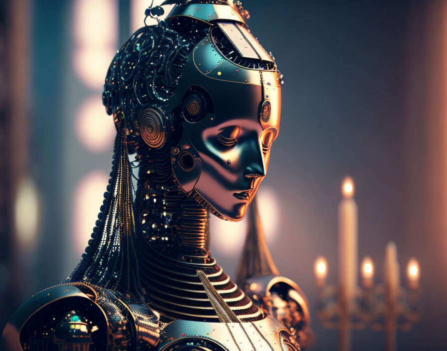 Detailed Human-Like Robot with Intricate Metal Patterns and Candlelight