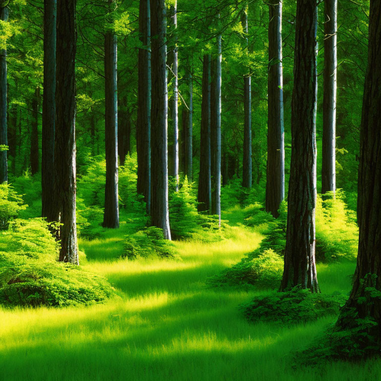 Lush forest scene with tall trees, shadows, green grass, and sunlight.