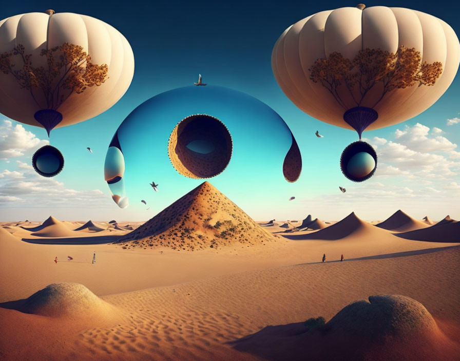 Surreal desert landscape with floating orbs and twisted hot air balloons above sand dunes