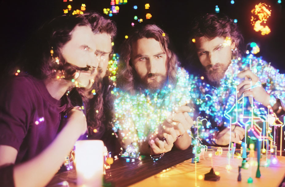 Three bearded men exploring glowing circuit-like structures in vibrant bokeh lights.