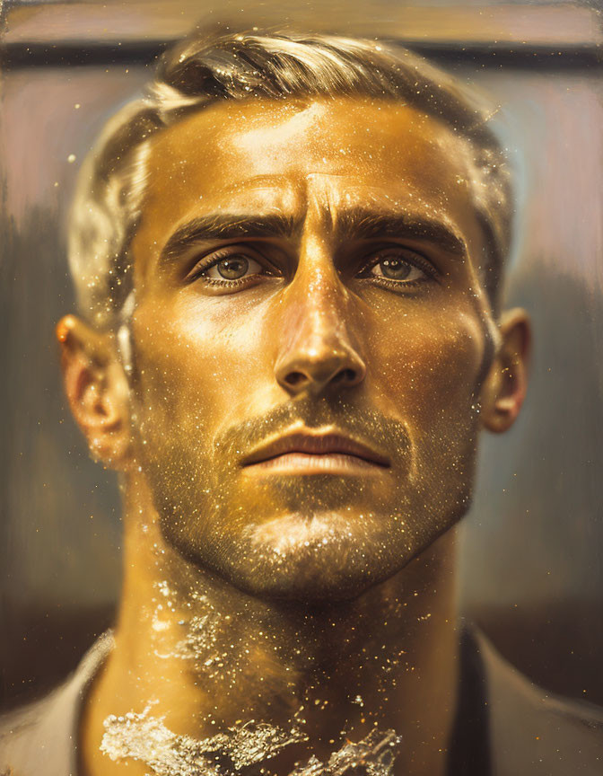 Photorealistic painting of man with golden skin and intense gaze