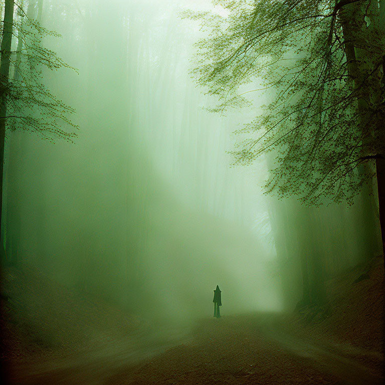 Mysterious figure in foggy forest with towering green trees