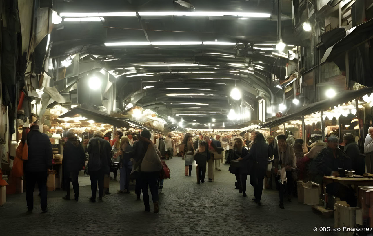 Vibrant indoor market with bustling crowds and illuminated stalls