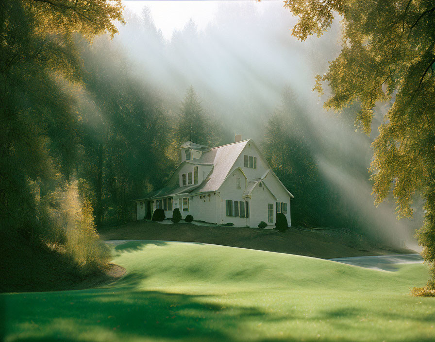 Secluded White House with Gabled Roof in Sunlit Forest