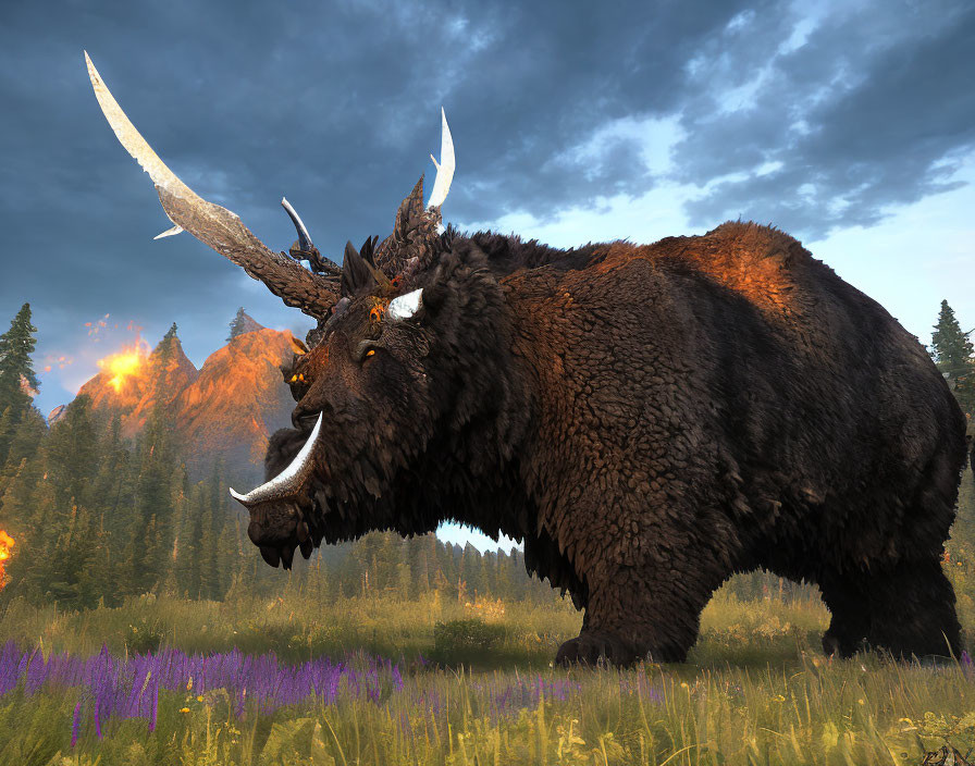 Fantasy bison-like creature with sharp horns in sunset forest scene