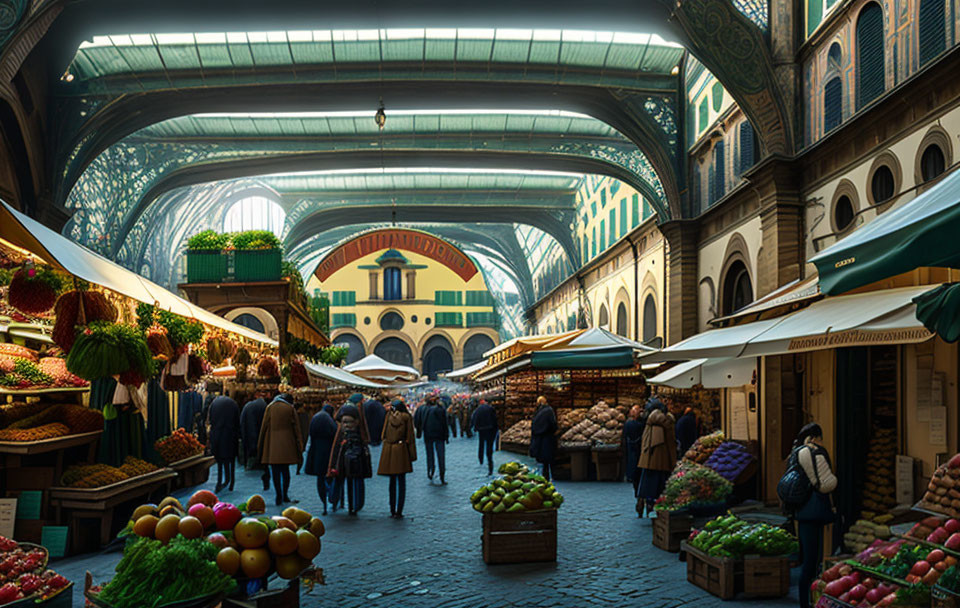 Indoor Market with Arched Glass Roof and Ornate Architecture