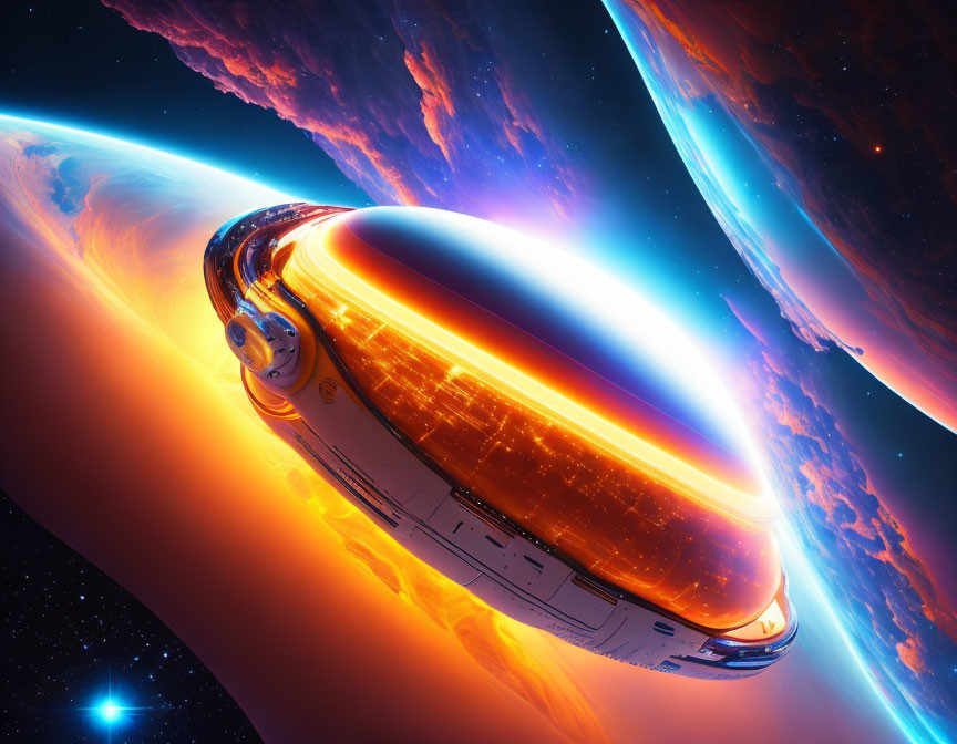 Futuristic spaceship orbits fiery planet in distant galaxy