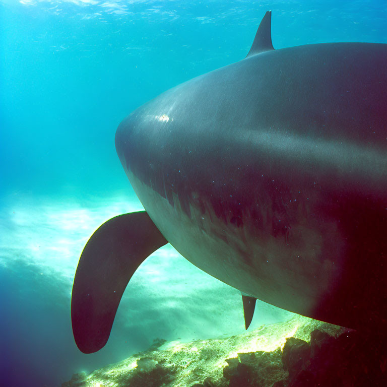 Underwater close-up: Shark silhouette with sunlight and ocean floor.