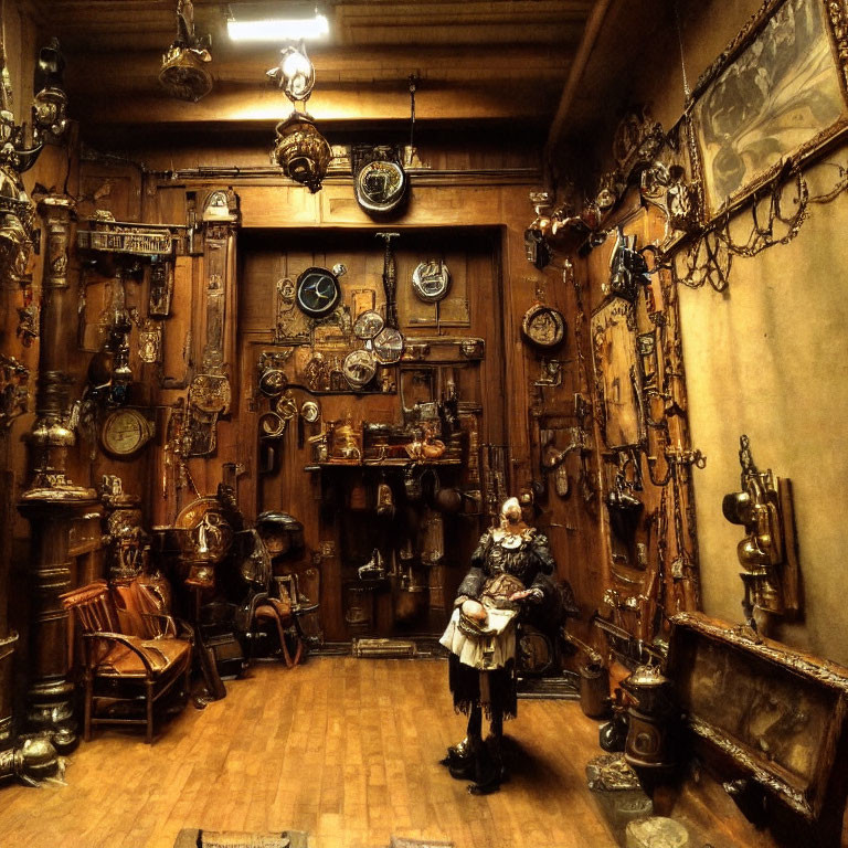 Vintage-themed room with antique decor and historical figure reading a book